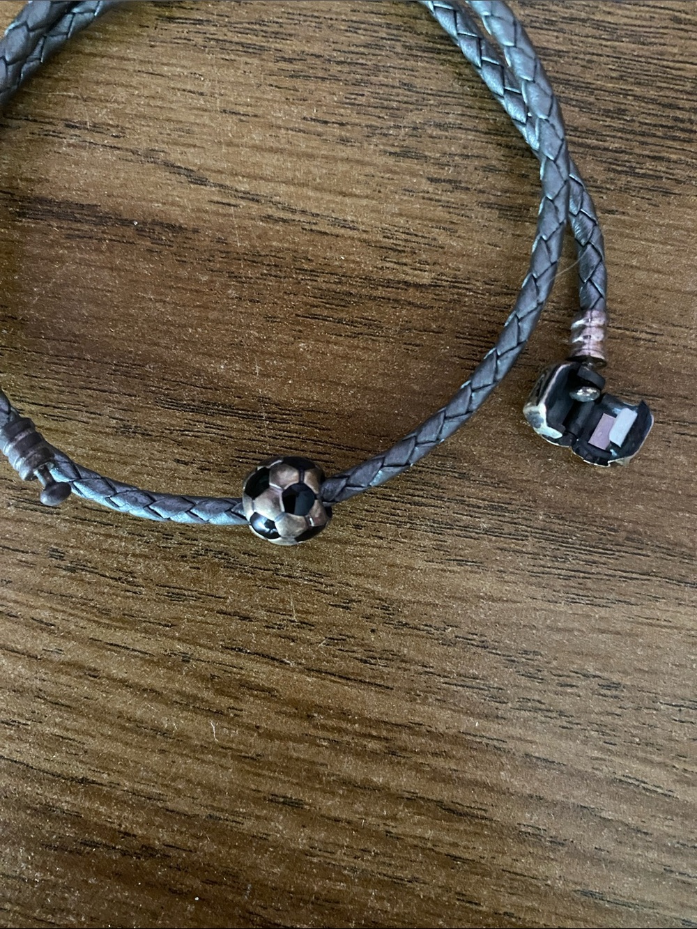 Pandora Gray Adjustable Braided Leather Bracelet with Soccer Charm - Picture 2 of 3